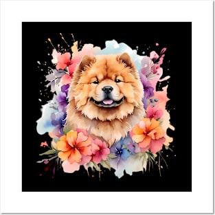 A chow chow decorated with beautiful watercolor flowers Posters and Art